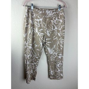 Soft Surroundings Pull On Crop Pants Palm Leaf Print Tan Size Medium Petite